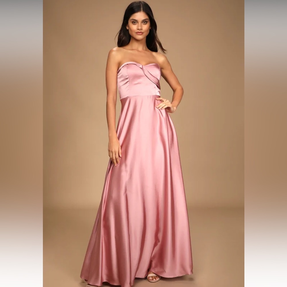 Lulu’s Real Romantic Light Rose Satin Strapless Maxi Dress